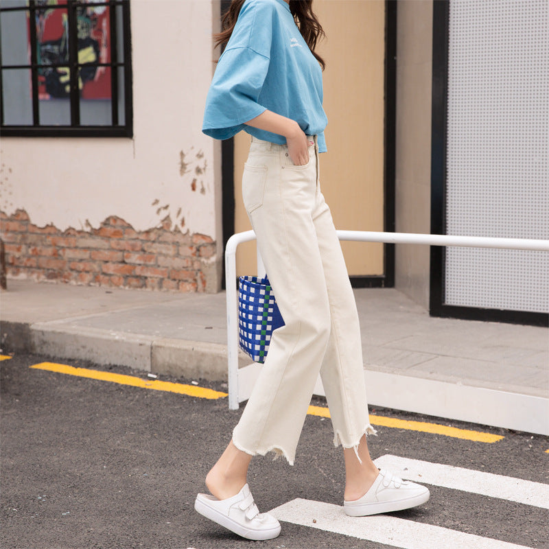 High-waist Denim Cropped Straight-leg Pants
