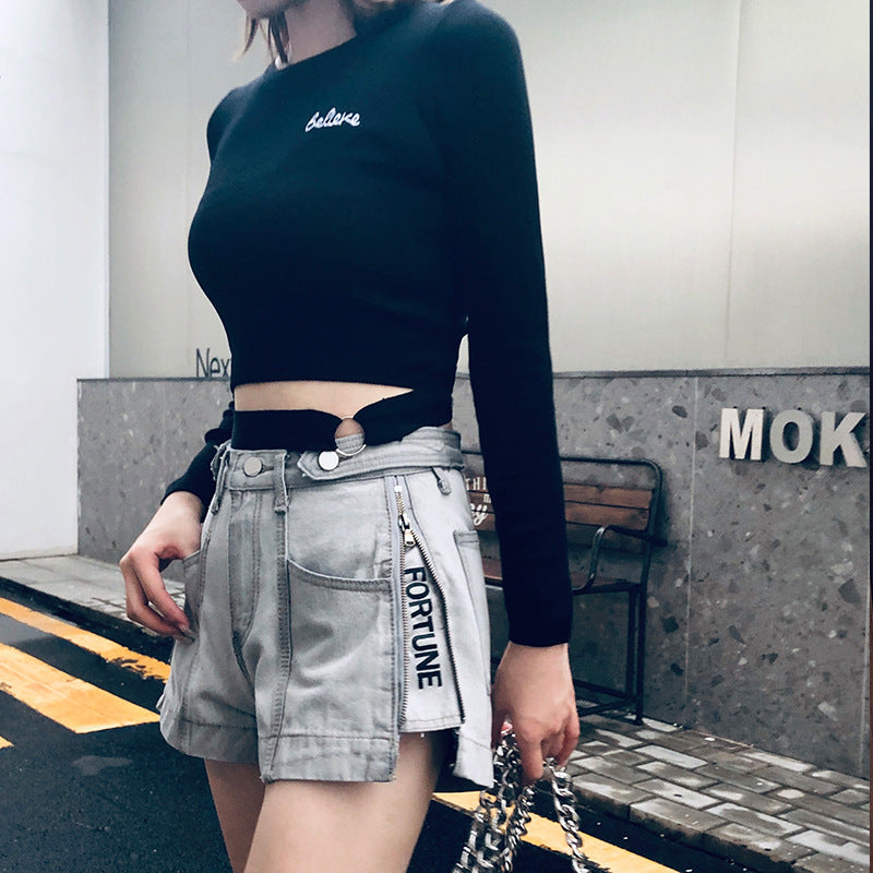 Personalized Side Zipper Letter Split Denim Shorts Women's All-Match Hot Pants