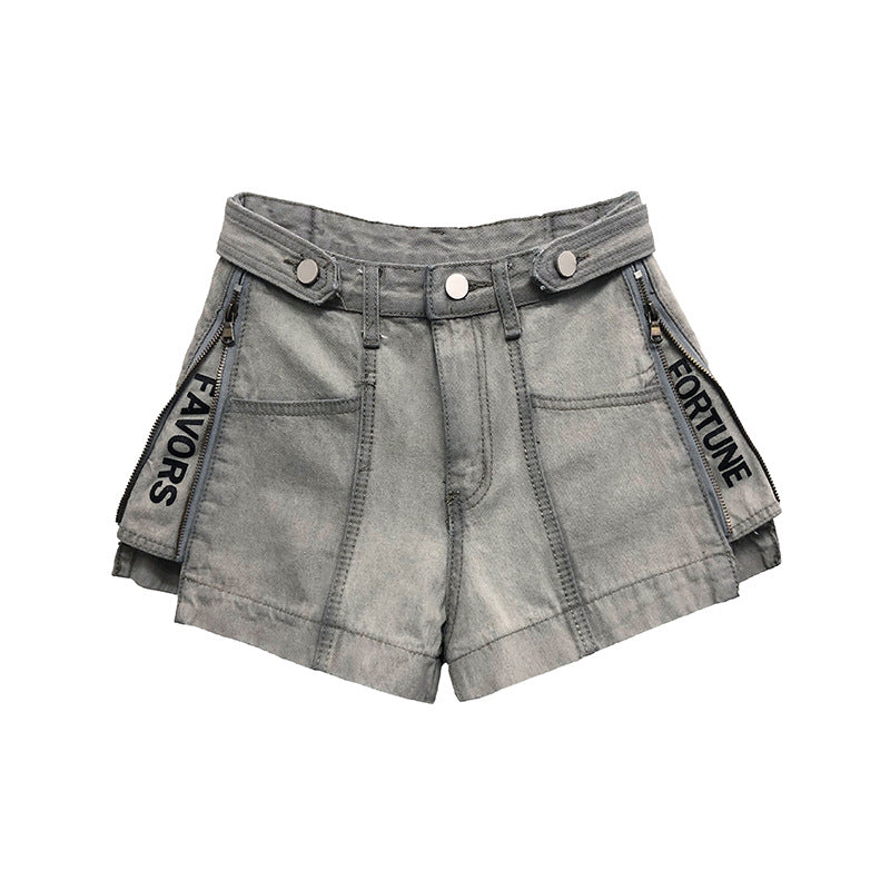 Personalized Side Zipper Letter Split Denim Shorts Women's All-Match Hot Pants