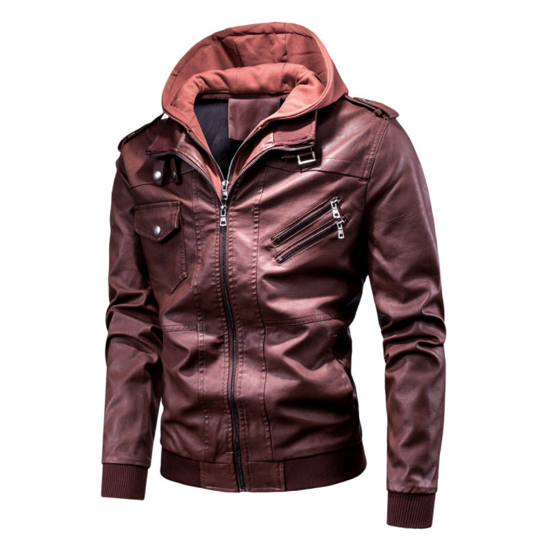 Men's detachable hooded pu leather jacket