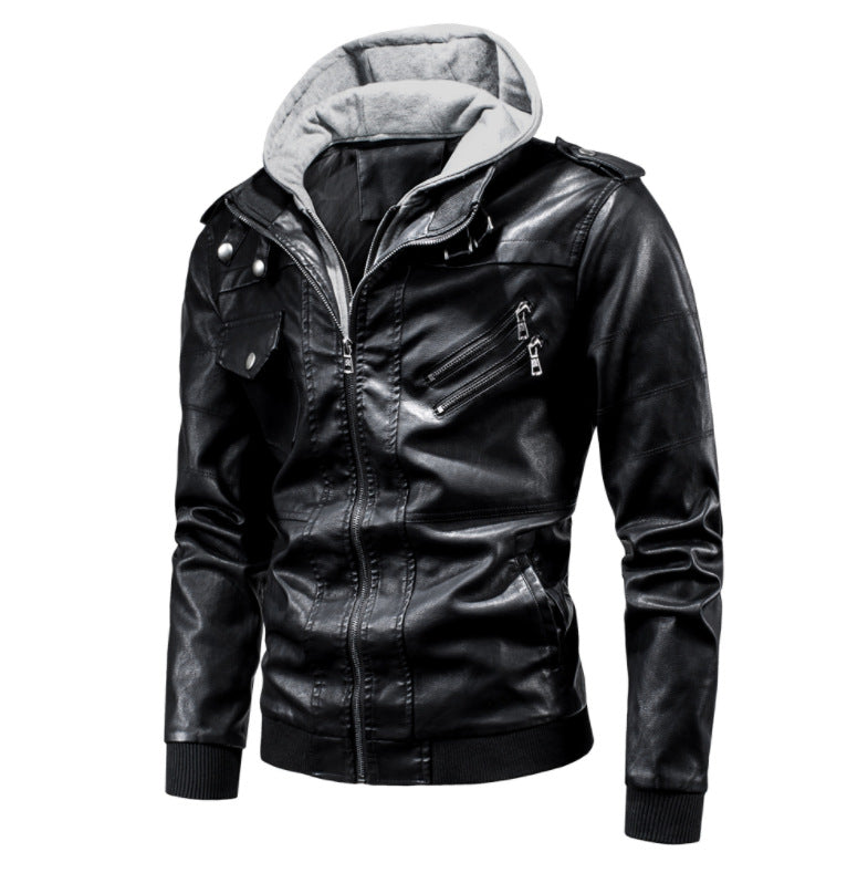 Men's detachable hooded pu leather jacket