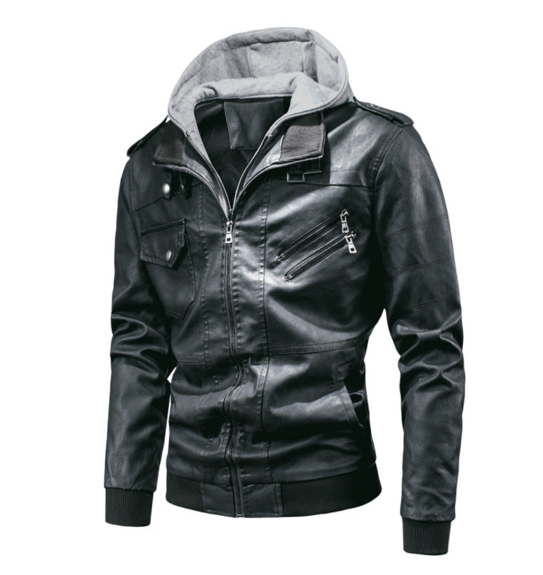 Men's detachable hooded pu leather jacket
