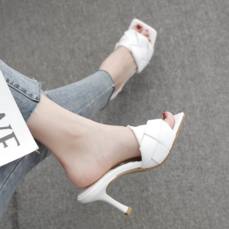 Summer Fashion Square Toe Open Toe Woven Personality High Heel Sandals And Slippers Women