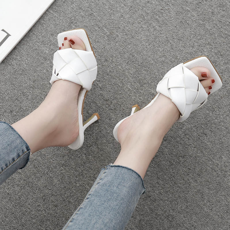 Summer Fashion Square Toe Open Toe Woven Personality High Heel Sandals And Slippers Women