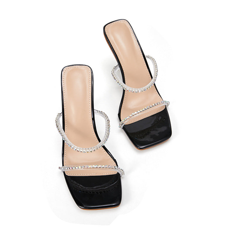 Foreign Trade New Style Women's Shoes Transparent Rhinestone Square Head Thin Belt Word High-Heel Slippers Yxb180-1