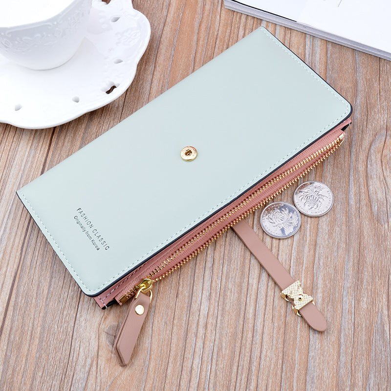 New Style Ladies Wallet Female Long Style Korean Student Fashion Zipper Buckle Thin Wallet Multi-Card Position Soft Wallet Card Case