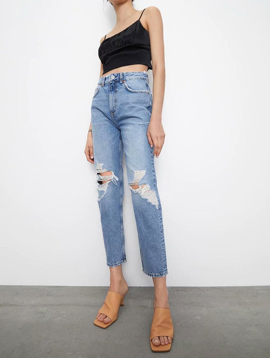 European And American Style Jeans Blue Washed High Waist