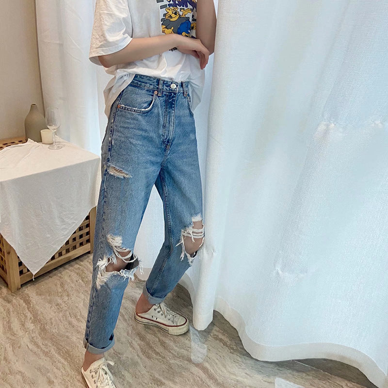 European And American Style Jeans Blue Washed High Waist