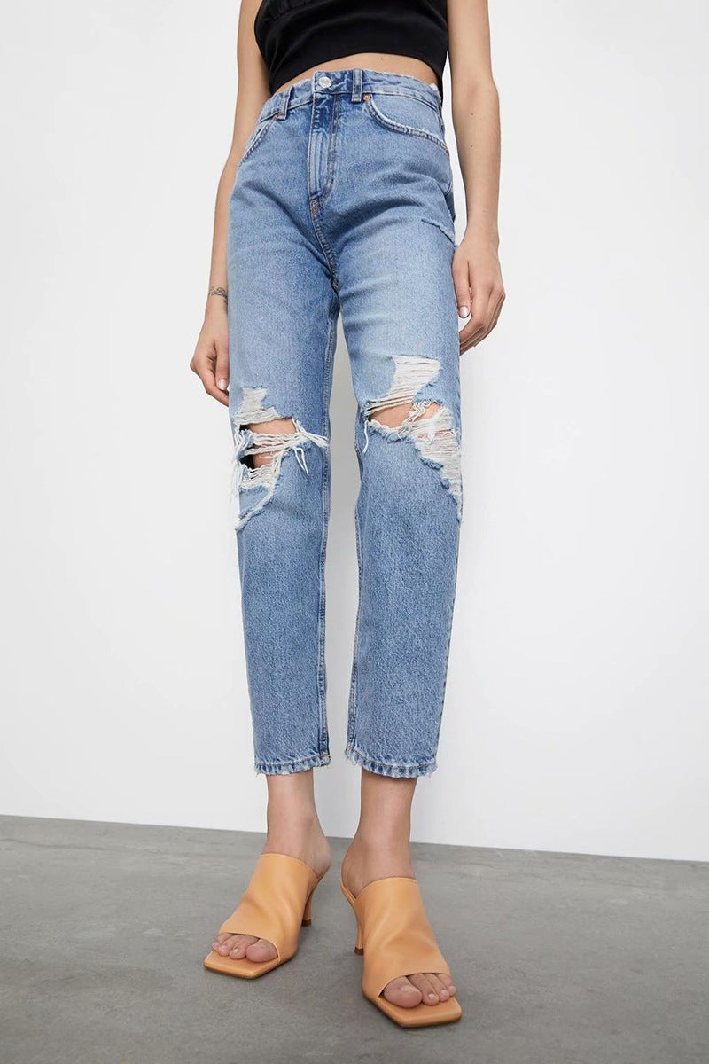 European And American Style Jeans Blue Washed High Waist