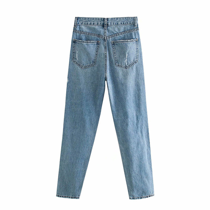 European And American Style Jeans Blue Washed High Waist