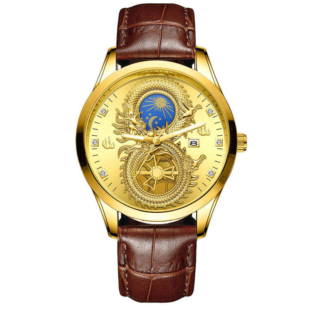 Men's Waterproof Sun Moon Star Watch Calendar Gold