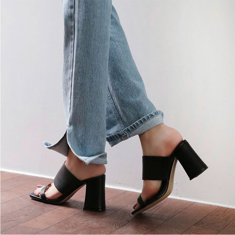 Outer Slippers Leather Is Thin Black High Heels