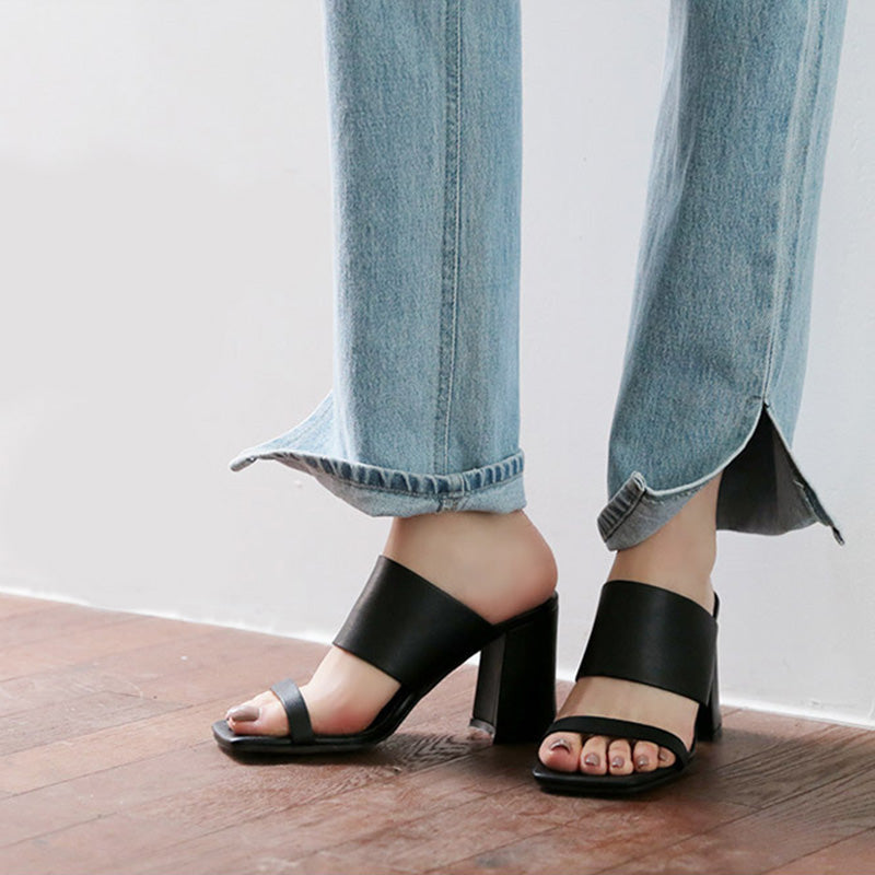 Outer Slippers Leather Is Thin Black High Heels