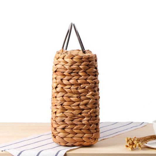 Wooden Handle Carrying Straw Woven Bag, Corn Husk Woven Beach Bag, Forest Solid Color Large-Capacity Female Bag