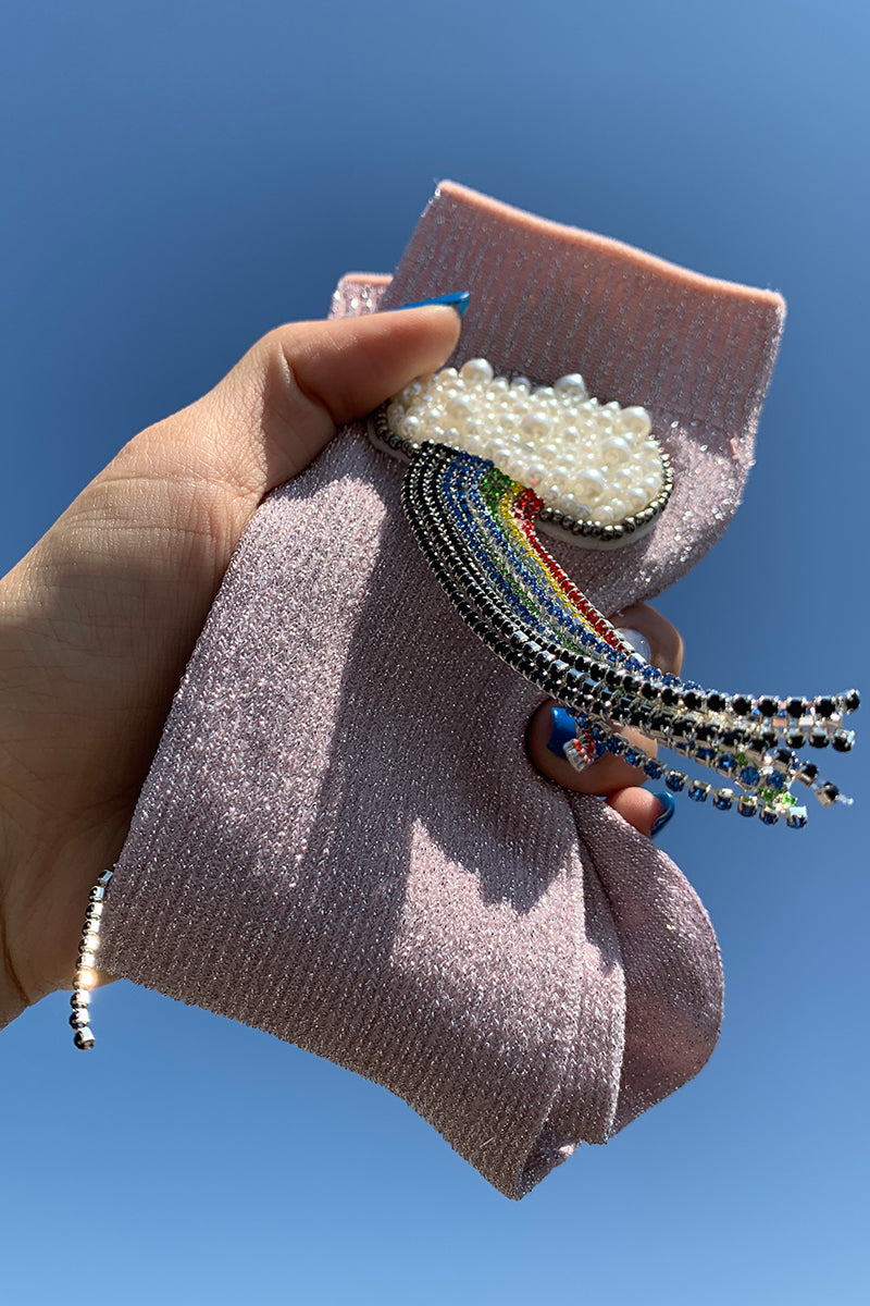 Seven-Color Rainbow Bright Silk Beaded Handmade Women's Socks
