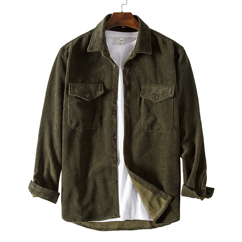 Corduroy Men's Long Sleeved Padded Retro Solid Color Two Pocket Shirt