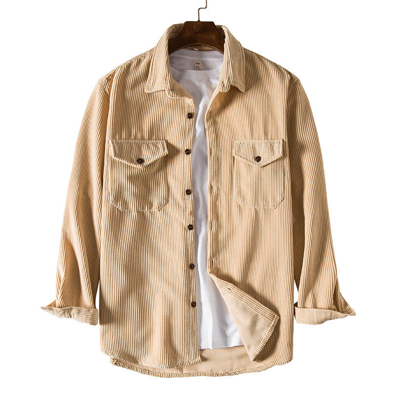 Corduroy Men's Long Sleeved Padded Retro Solid Color Two Pocket Shirt
