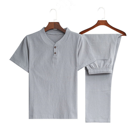 Plus Size Chinese Style Men's Cotton and Linen Trendy V-neck