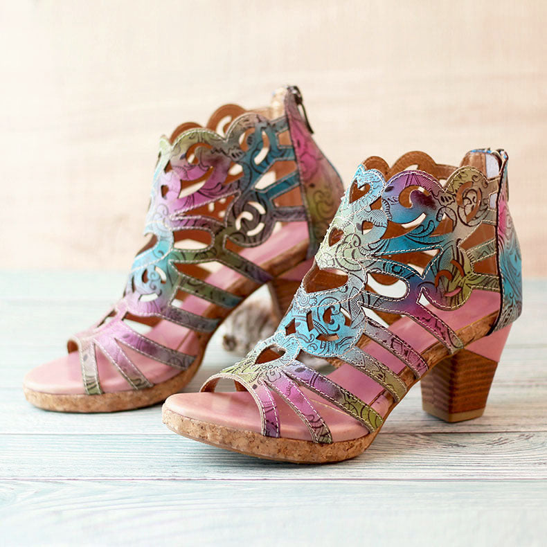 Fish Mouth Hollow Thick Heel Zipper Sandals Retro Handmade Symphony Gradient Sandals