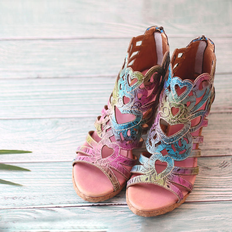 Fish Mouth Hollow Thick Heel Zipper Sandals Retro Handmade Symphony Gradient Sandals