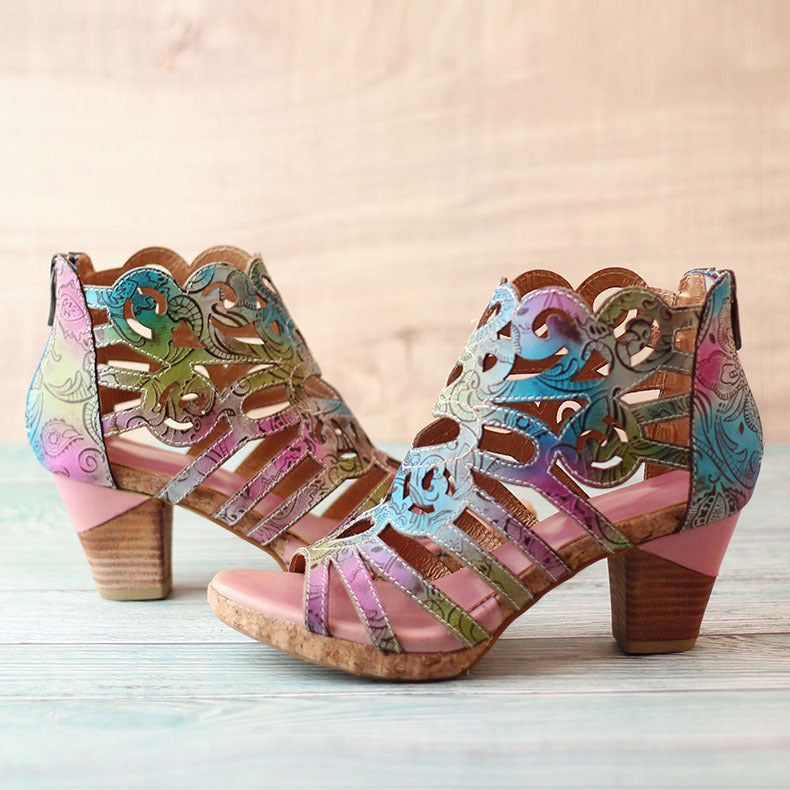 Fish Mouth Hollow Thick Heel Zipper Sandals Retro Handmade Symphony Gradient Sandals