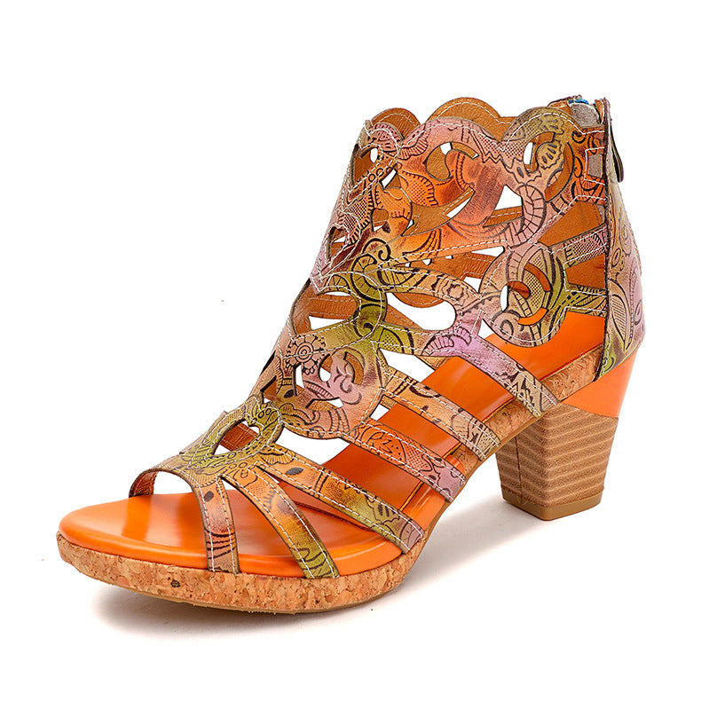 Fish Mouth Hollow Thick Heel Zipper Sandals Retro Handmade Symphony Gradient Sandals