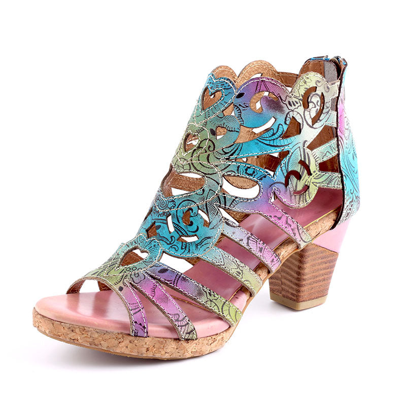 Fish Mouth Hollow Thick Heel Zipper Sandals Retro Handmade Symphony Gradient Sandals