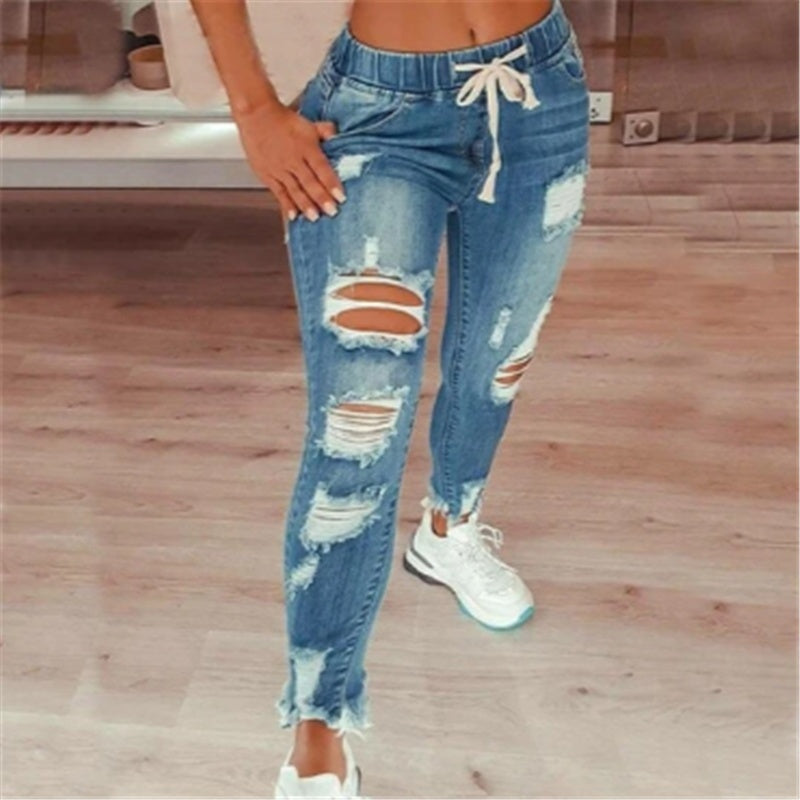 High-waist Lace-up Slim-fit Stretch-leg Trousers Ripped Denim Trousers