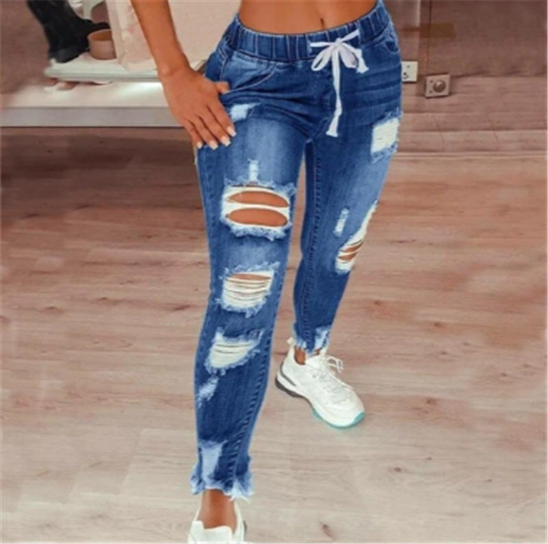 High-waist Lace-up Slim-fit Stretch-leg Trousers Ripped Denim Trousers