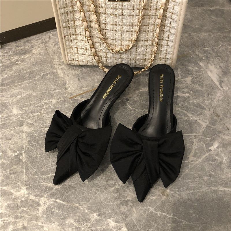 Personalized Polka Dot Fashion Trendy Women's Sandals Satin Bow Pointed Toe Slippers