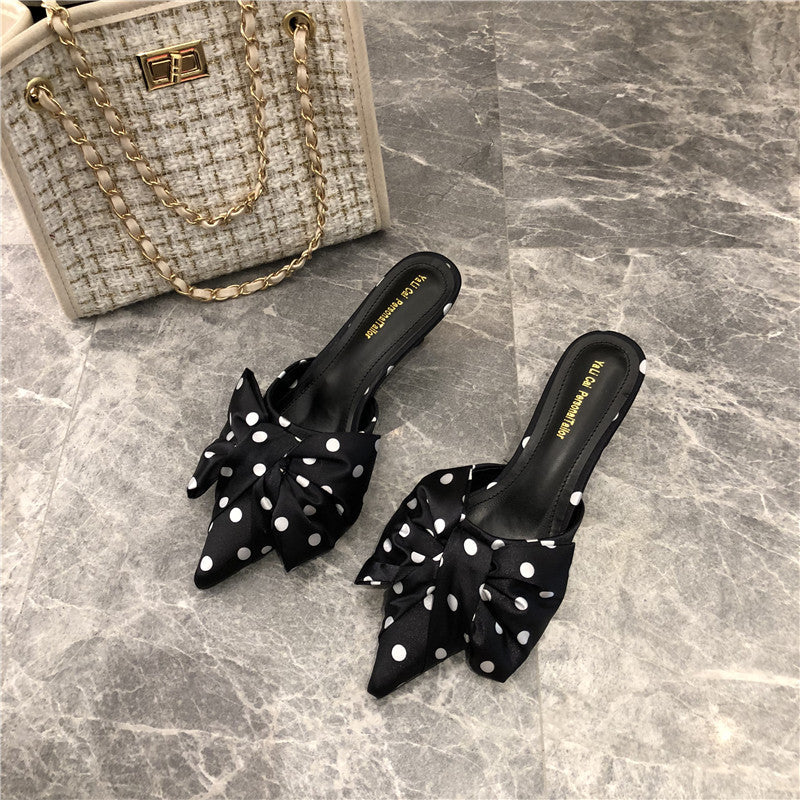 Personalized Polka Dot Fashion Trendy Women's Sandals Satin Bow Pointed Toe Slippers
