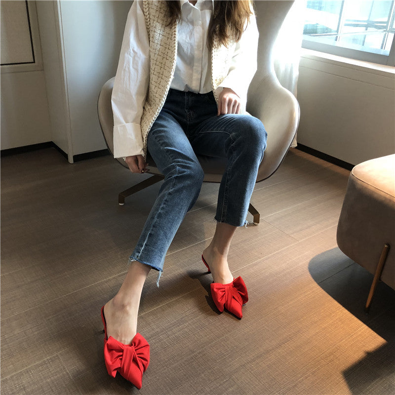 Personalized Polka Dot Fashion Trendy Women's Sandals Satin Bow Pointed Toe Slippers