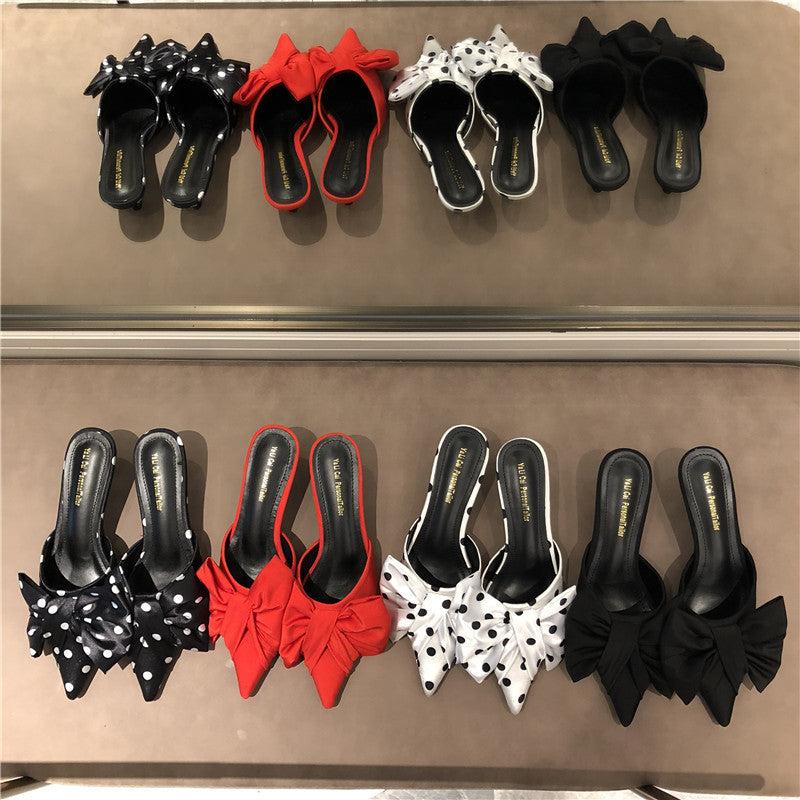 Personalized Polka Dot Fashion Trendy Women's Sandals Satin Bow Pointed Toe Slippers