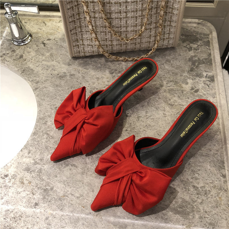 Personalized Polka Dot Fashion Trendy Women's Sandals Satin Bow Pointed Toe Slippers