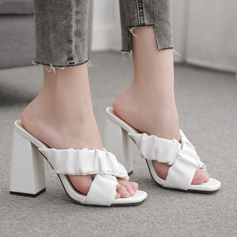 Fashion Pleated Cross Belt Thick Heel High Heel Large Size Sandals And Slippers Women