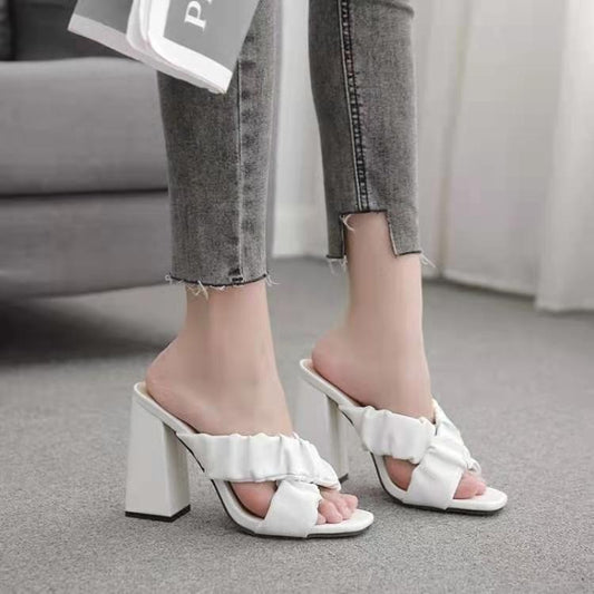 Fashion Pleated Cross Belt Thick Heel High Heel Large Size Sandals And Slippers Women