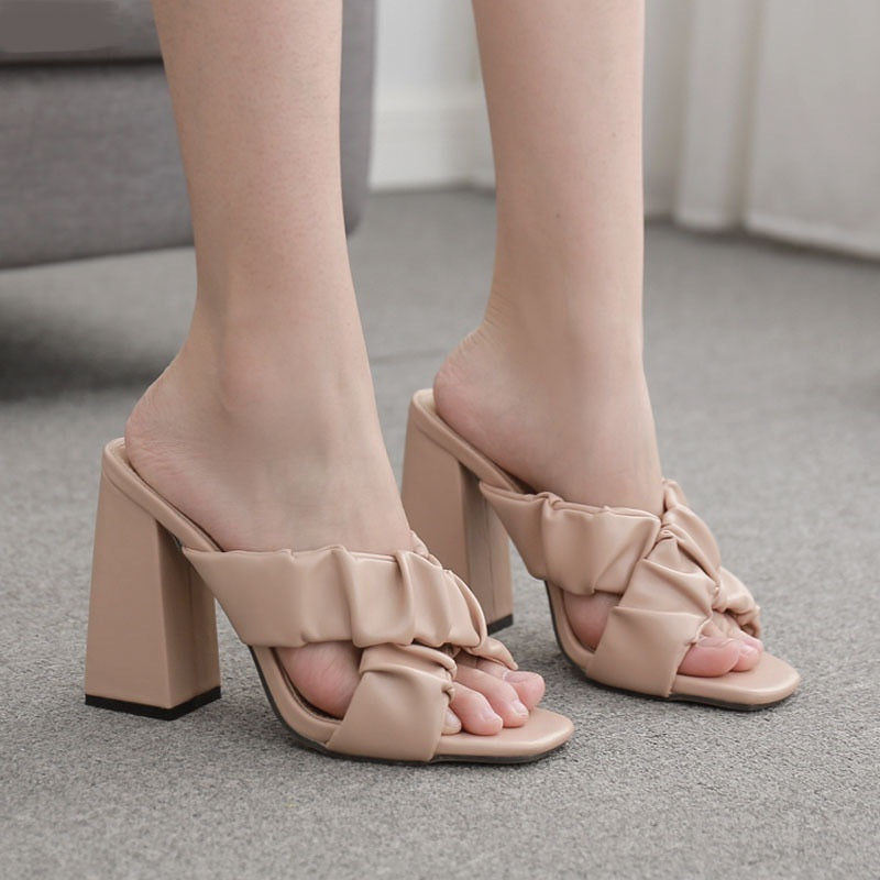 Fashion Pleated Cross Belt Thick Heel High Heel Large Size Sandals And Slippers Women