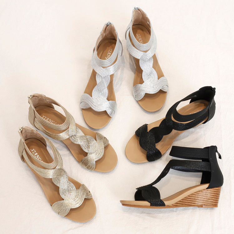 Summer New Style Large Size Thin All Match Women's Shoes Rear Zipper Roman Shoes