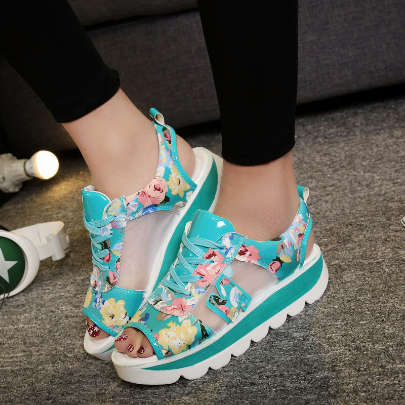 Roman Shoes Fish Mouth Floral Mid-Heel Platform Platform Sandals