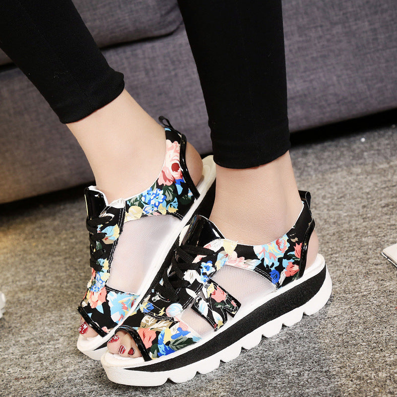Roman Shoes Fish Mouth Floral Mid-Heel Platform Platform Sandals