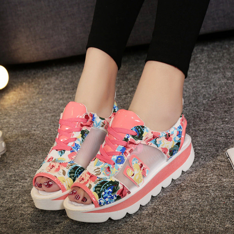 Roman Shoes Fish Mouth Floral Mid-Heel Platform Platform Sandals