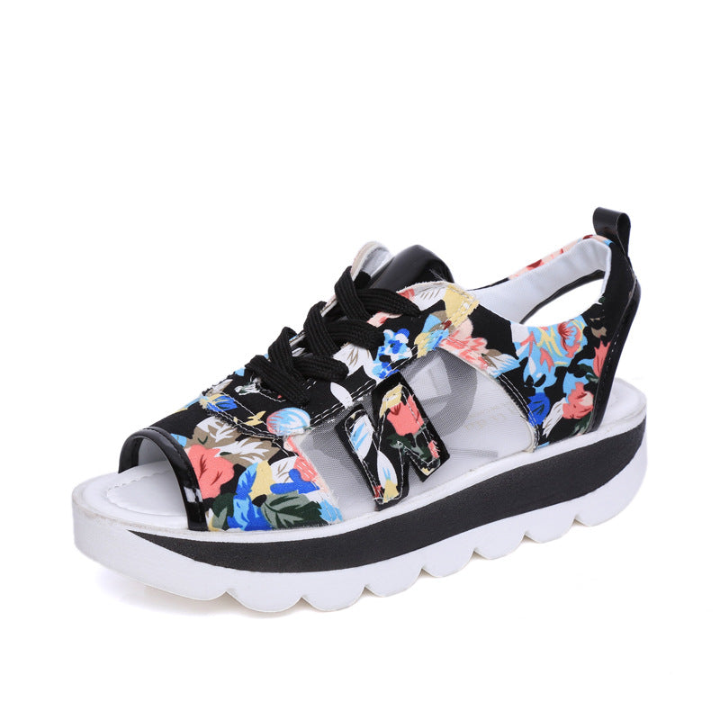Roman Shoes Fish Mouth Floral Mid-Heel Platform Platform Sandals