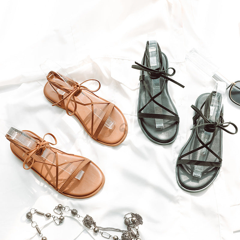 Korean Fashion Women's Sandals Flat Round Toe All-Match Lace-Up Women's Shoes