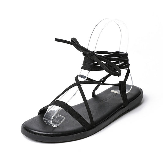 Korean Fashion Women's Sandals Flat Round Toe All-Match Lace-Up Women's Shoes