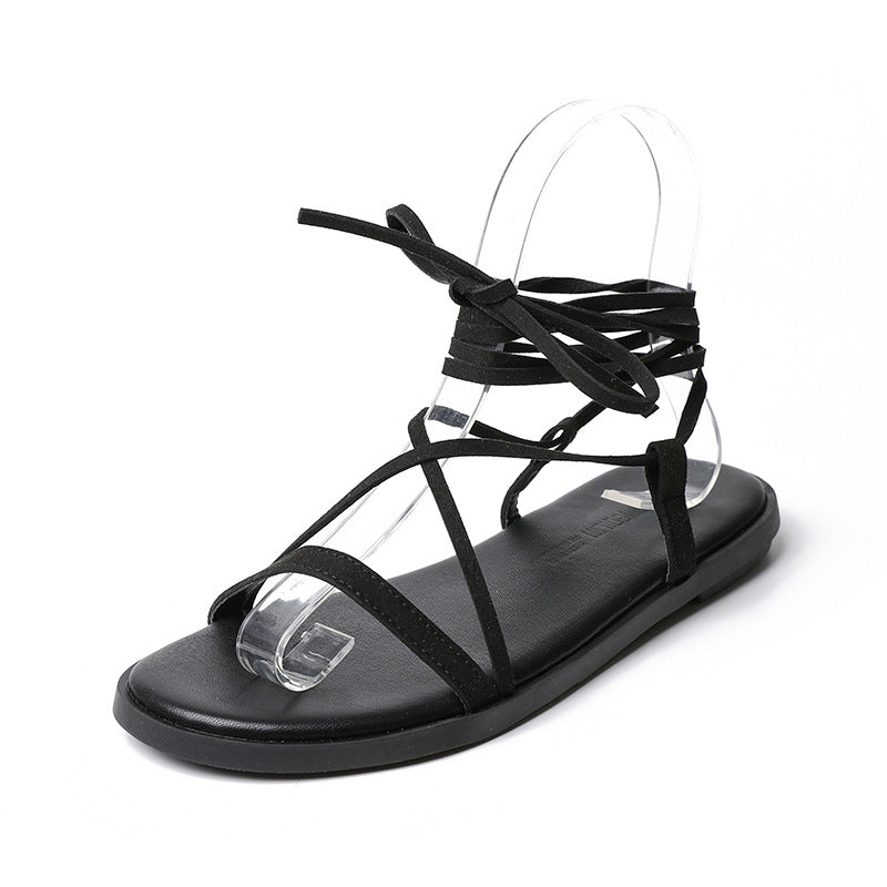 Korean Fashion Women's Sandals Flat Round Toe All-Match Lace-Up Women's Shoes