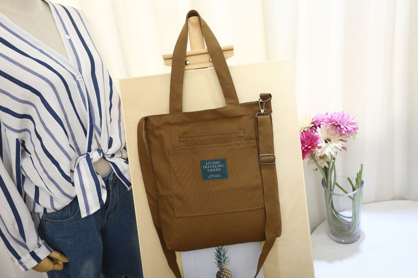 Solid Color Canvas Shoulder Diagonal Bag With Removable Shoulder Strap