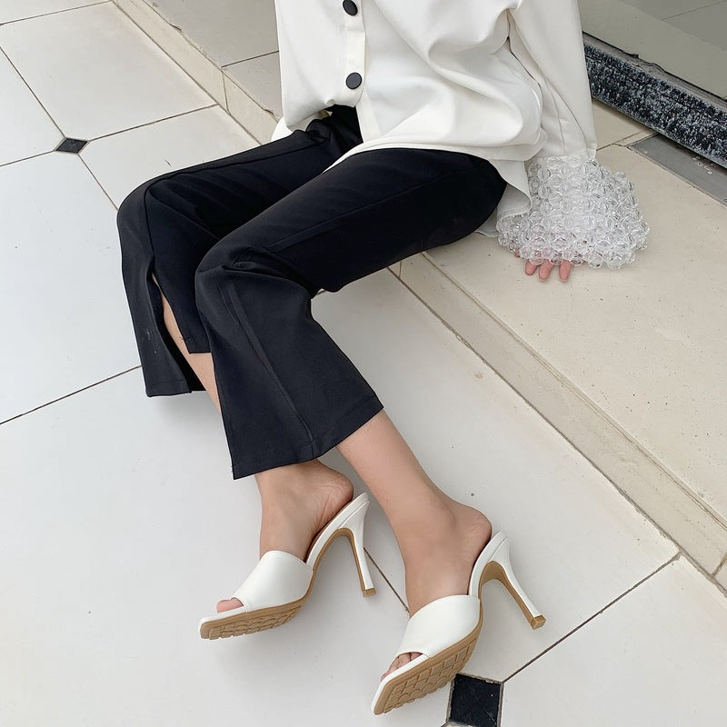 Early Spring Net Celebrity Catwalk Models Plain High-heeled Peas Sandals and Slippers