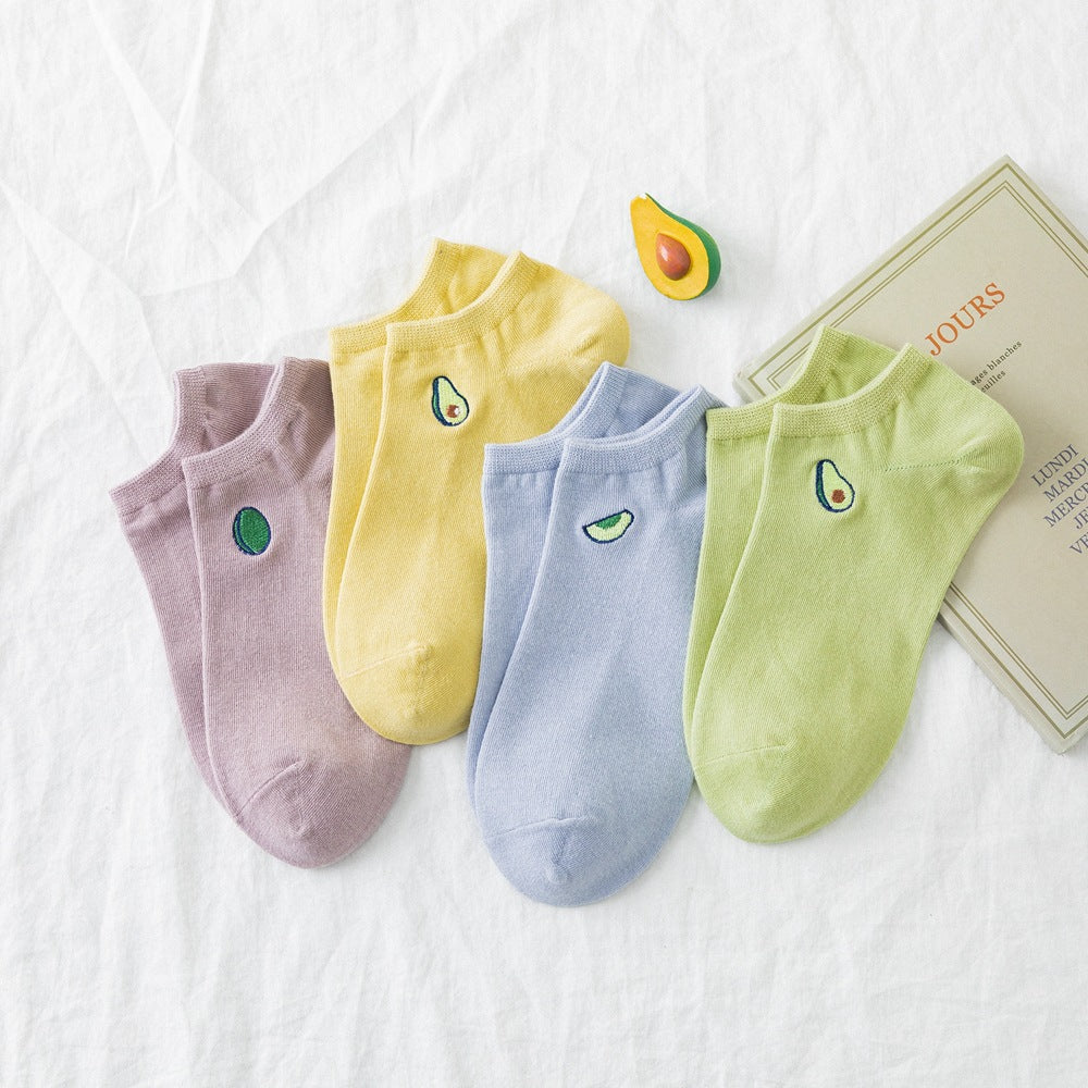 Ladies Cartoon Embroidered Avocado Cotton Socks
