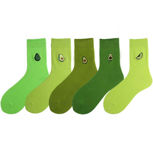 Cotton Ins New Pile Socks Green Avocado Embroidery in Tube Women's Socks