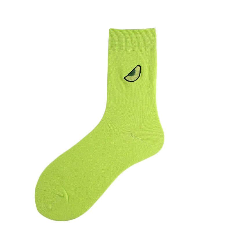 Cotton Ins New Pile Socks Green Avocado Embroidery in Tube Women's Socks